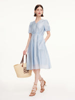 Lyocell Blend Bowknot Waist Women V-Neck Midi Dress GOELIA