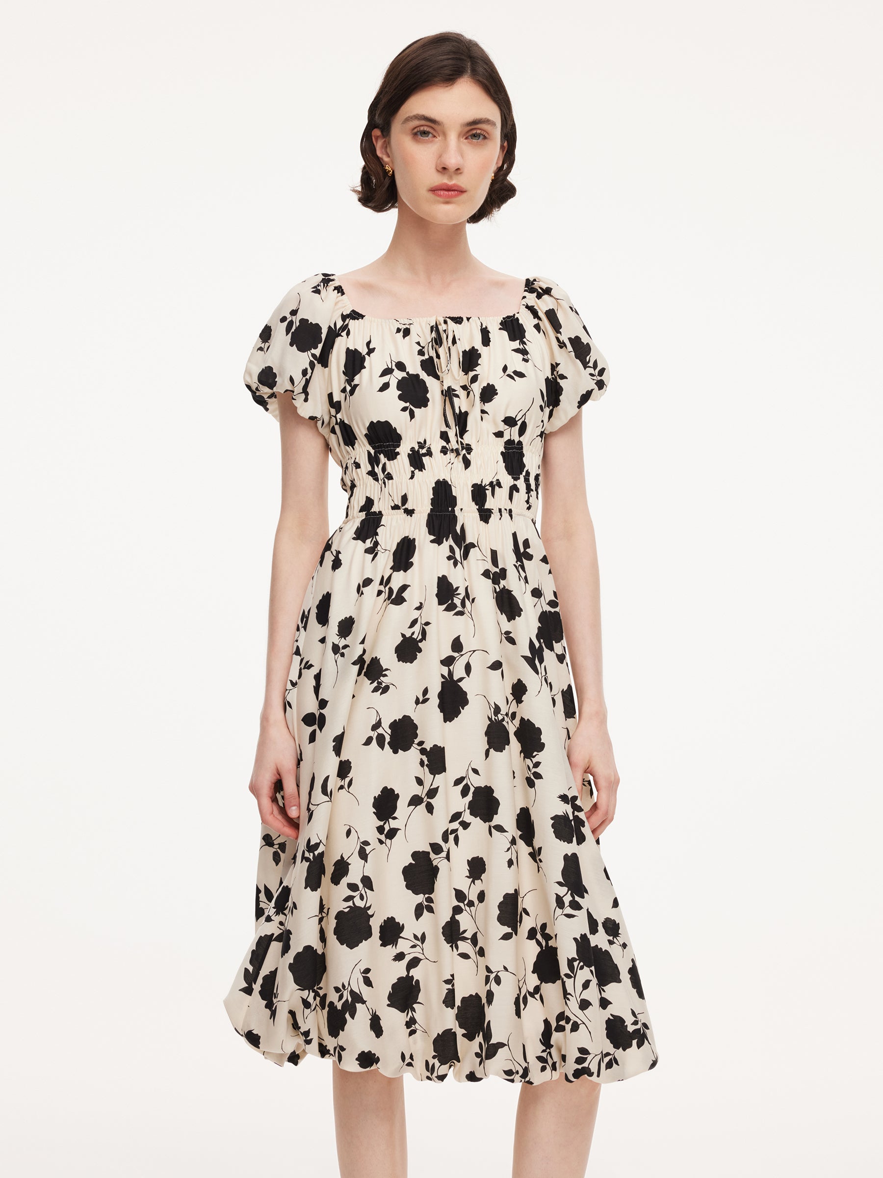 Acetate Blend Floral Print Bubble Hem Women Midi Dress With Scrunchie GOELIA