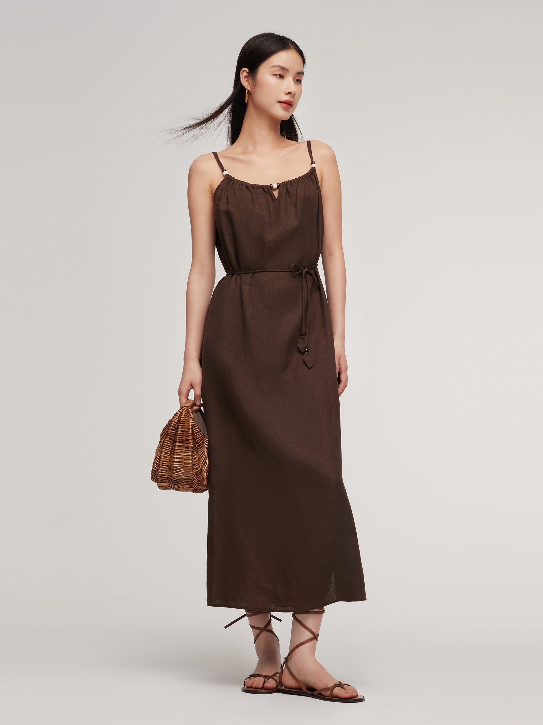 100% Linen Women Strap Maxi Dress With Tie String Belt GOELIA