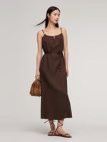 100% Linen Women Strap Maxi Dress With Tie String Belt GOELIA