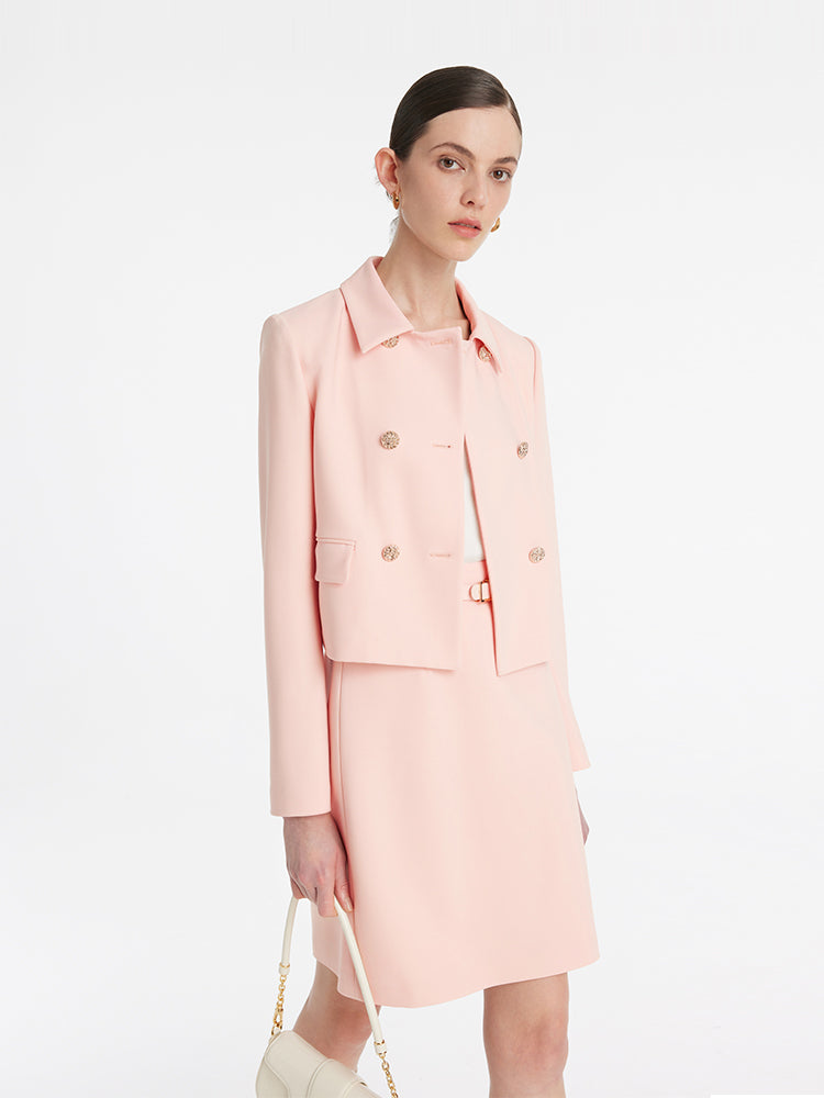 Worsted Wool Double-Breasted Crop Jacket And Skirt Two-Piece Suit GOELIA