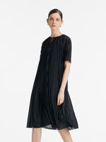 Pleated Round Neck Women Midi Dress With Leather Belt GOELIA