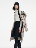 [Preview] Longline Subtle Plaid Belted Goose Down Hooded Overcoat GOELIA