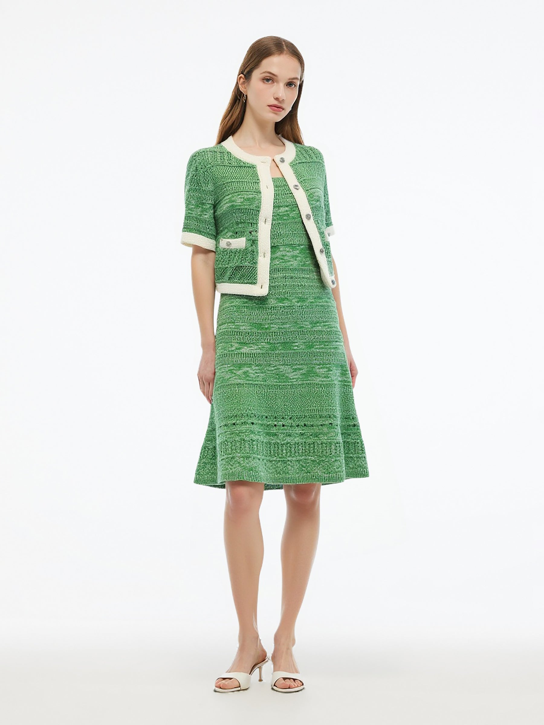 100% Cotton Cardigan And Knit Vest Mini Dress Two-Piece Set GOELIA