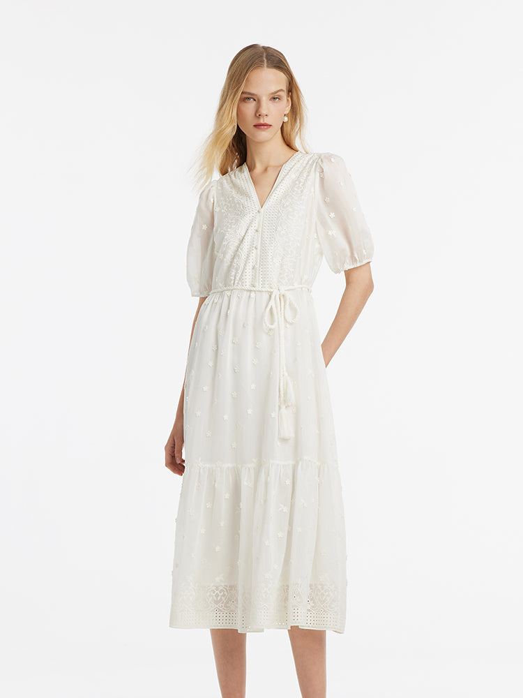 Tencel V-Neck Embroidered Women Maxi Dress With Belt GOELIA