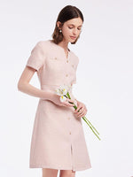 Gathered Waist Single-Breasted Sequins Tweed Mini Dress With Patch Pockets GOELIA