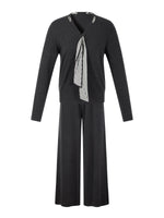 V-Neck Knit Top And Pants Two-Piece Set With Silk Scarf GOELIA