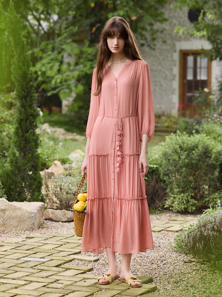 12 Momme Mulberry Silk Tiered Women Maxi Dress With Belt And Bottomed Spaghetti Strap Dress GOELIA