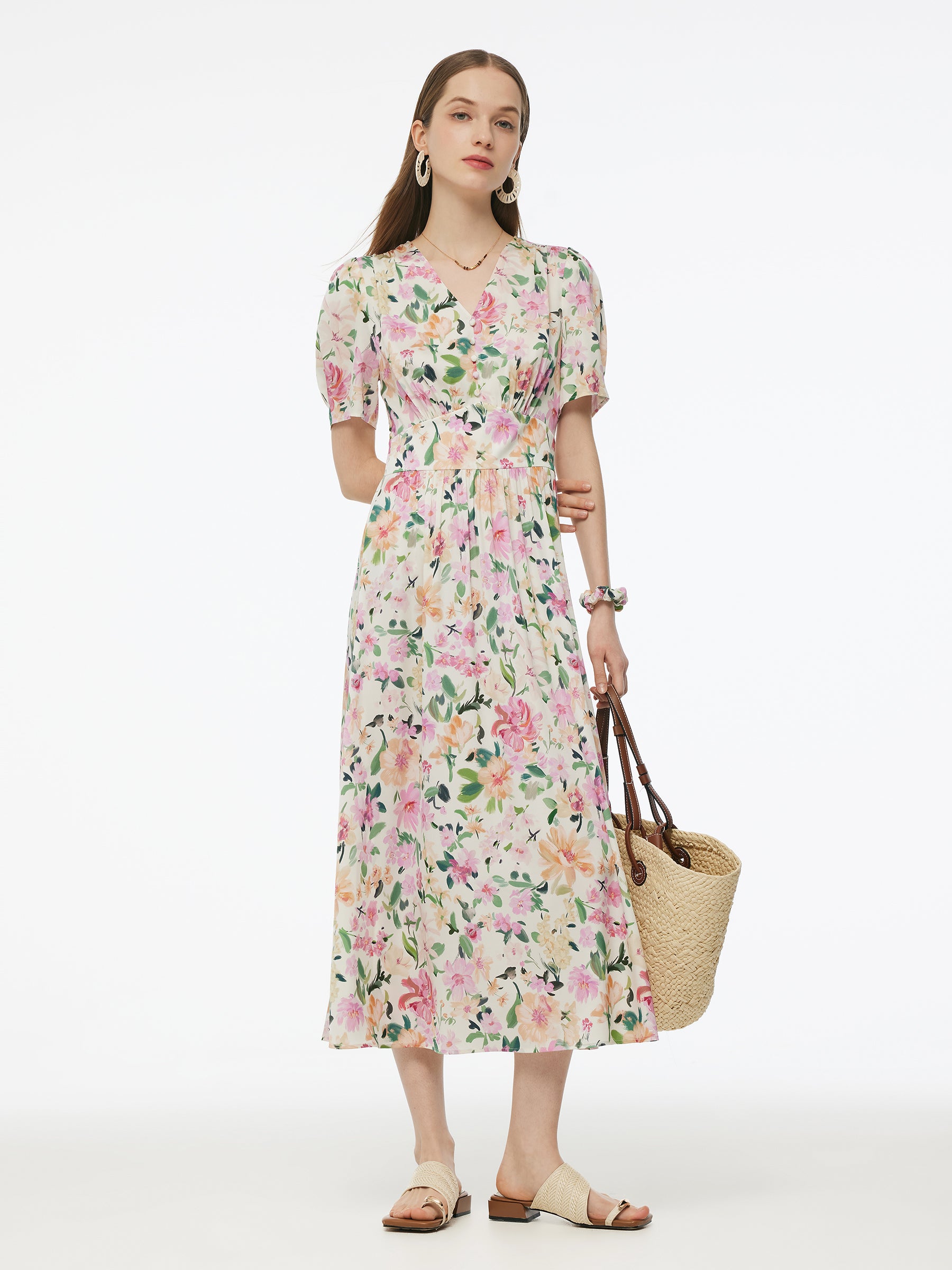 19MM Mulberry Silk Floral Print V-Neck Women Maxi Dress GOELIA