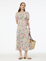 19MM Mulberry Silk Floral Print V-Neck Women Maxi Dress GOELIA