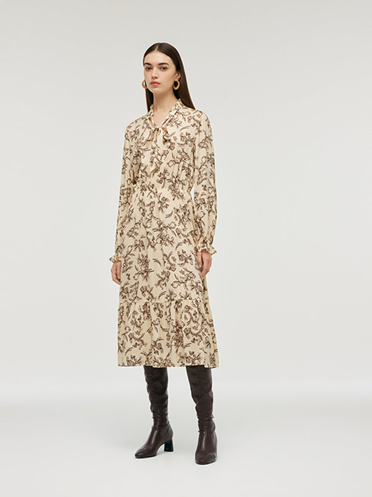 19 Momme Mulberry Silk Floral Printed Women Midi Dress GOELIA