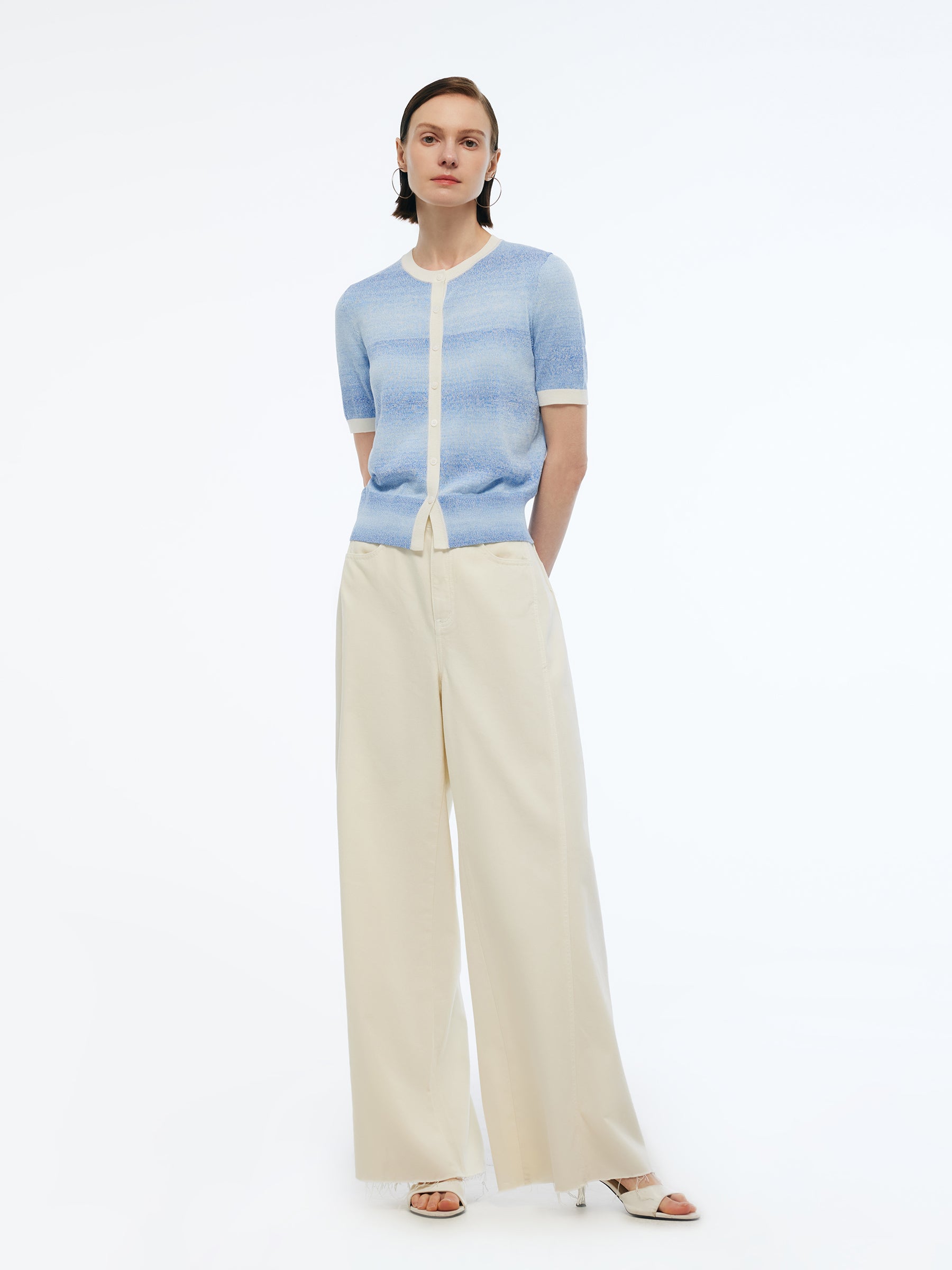 Blue And White Gradient Contrast Trim Women Cardigan GOELIA