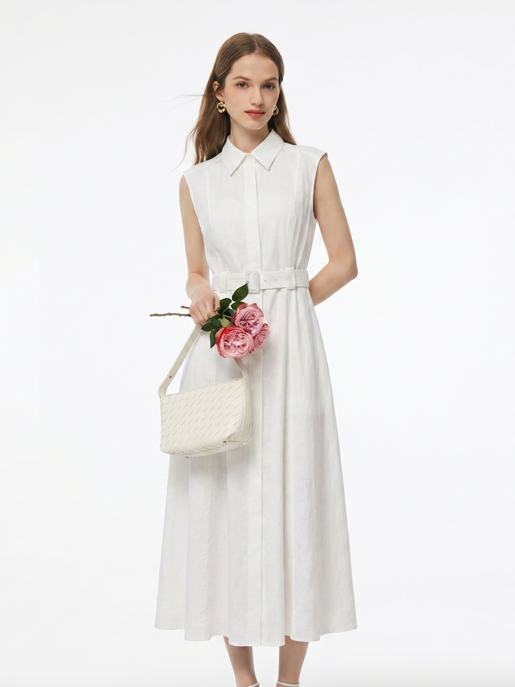 100% Linen Women Maxi Shirt Dress With Belt And Slip Lining GOELIA