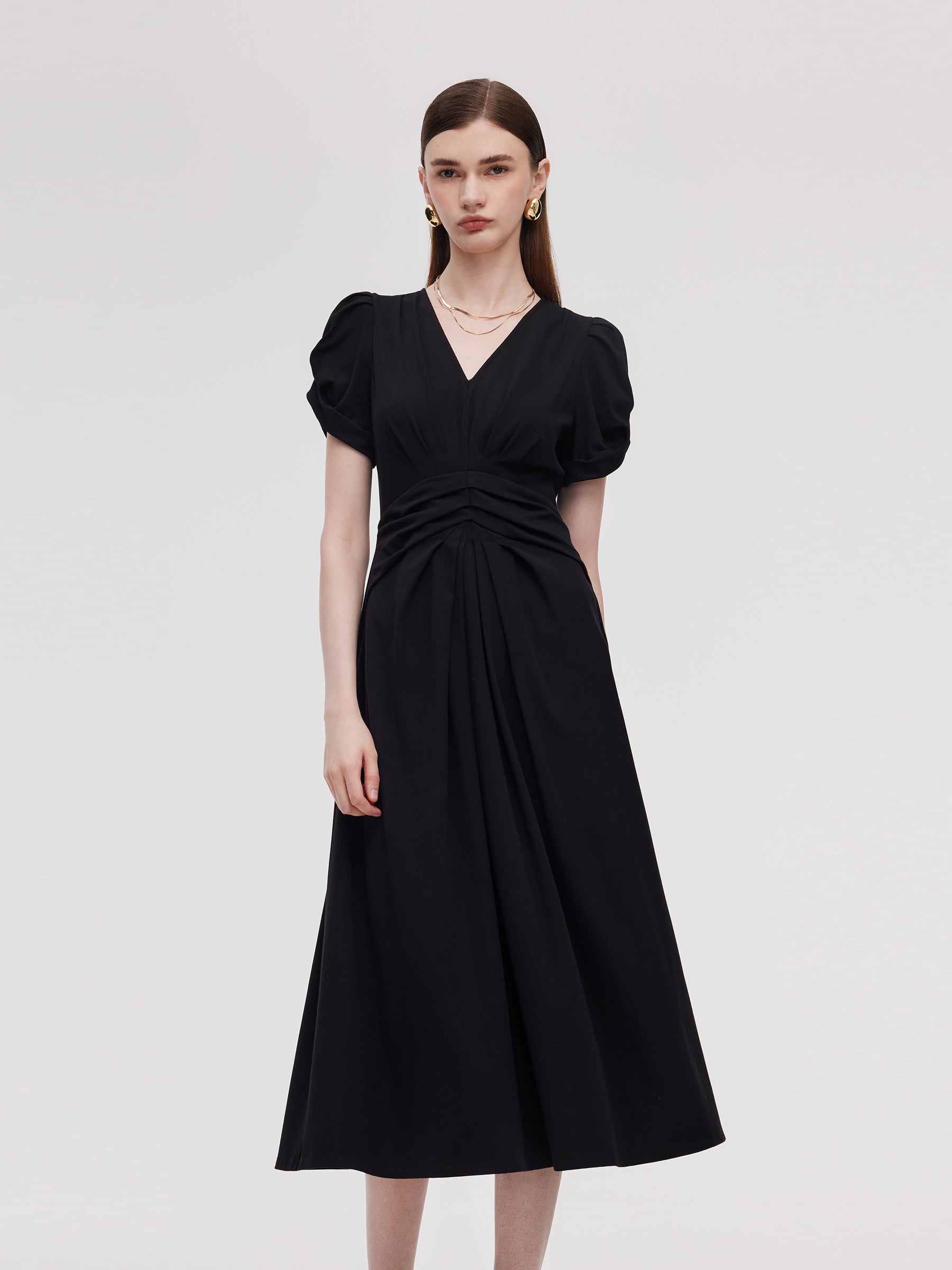 Pleated V-Neck Women Knit Maxi Dress GOELIA