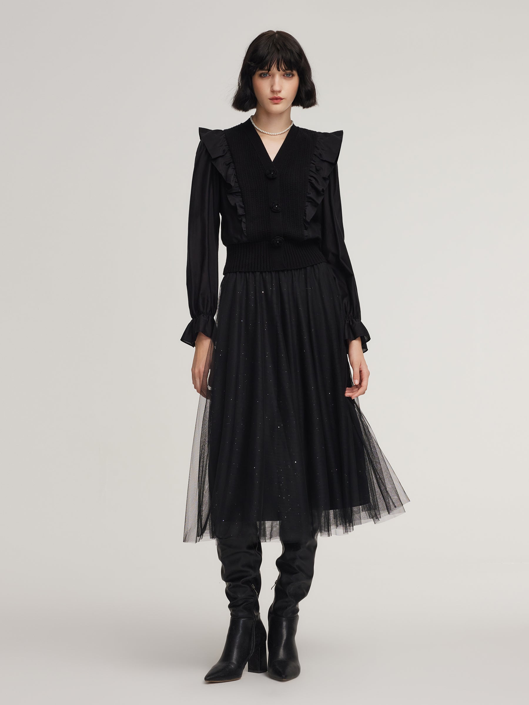 Tencel Wool Blend Long Sleeve Knit Top And Sequins Skirt Two-Piece Set GOELIA