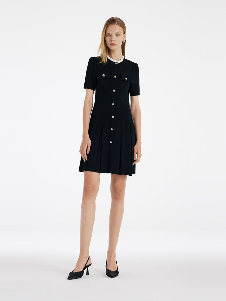 Ruffle Collared Knitted Single-Breasted Pleated Women Mini Dress GOELIA
