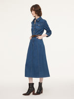 Denim Gathered Waist Women Maxi Dress With Belt GOELIA
