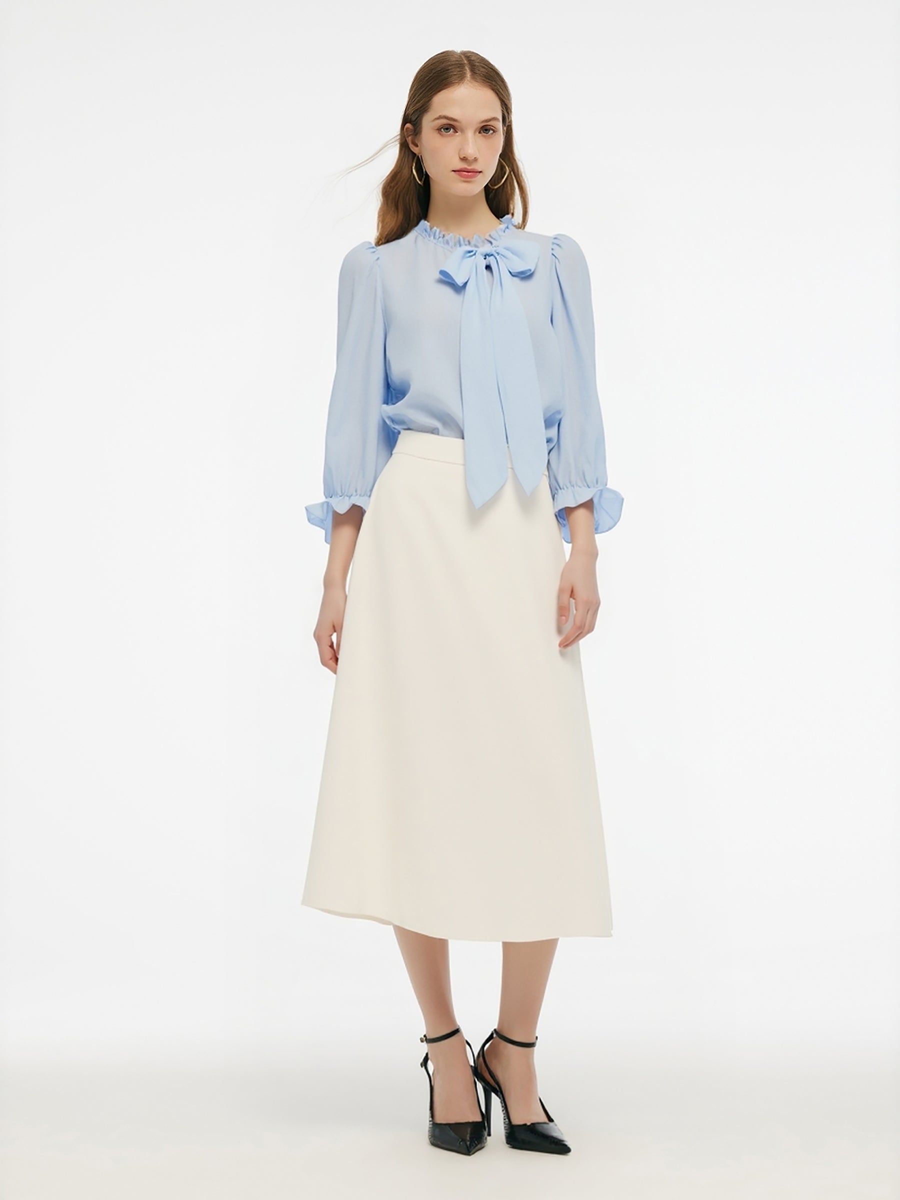 Acetate Blend Ruffle Blouse And Skirt Two-Piece Set GOELIA