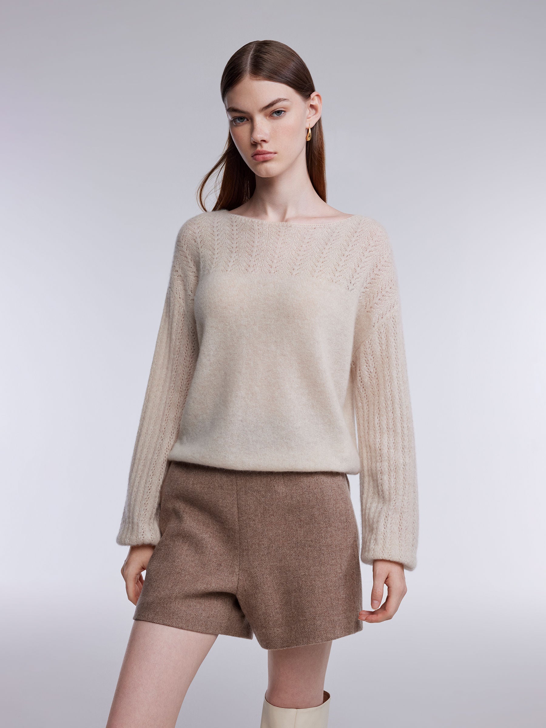 [Preview] 100% Cashmere Pointelle Lantern Sleeve Women Sweater GOELIA