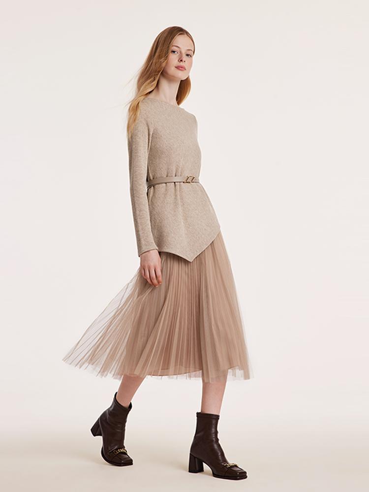 Asymmetrical Hem Top And Tulle Women Skirt With Belt Two-Piece Set GOELIA