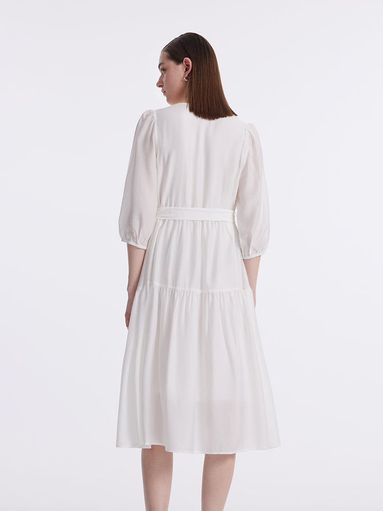 White V-Neck Gathered Waist Midi Dress GOELIA