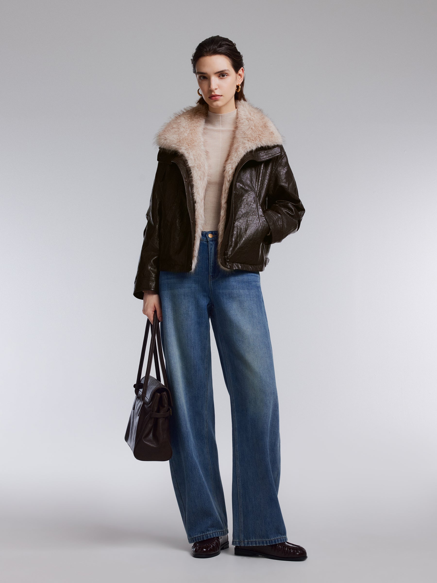 PU Leather Goose Down Jacket With Detachable Faux Fur Collar GOELIA