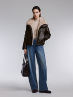 [Preview] PU Leather Goose Down Jacket With Detachable Faux Fur Collar GOELIA