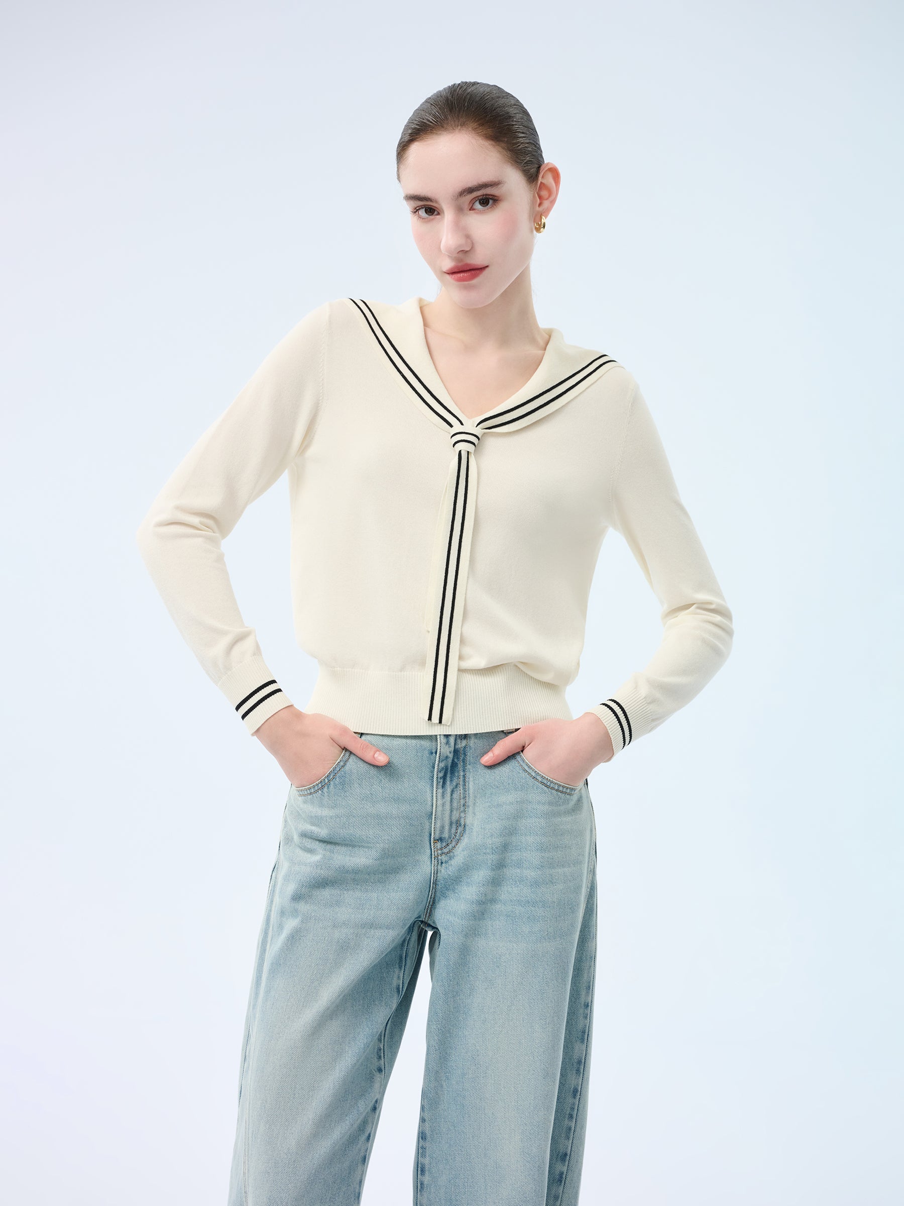 Tencel Blend Sailor Collar Women Knit Top GOELIA