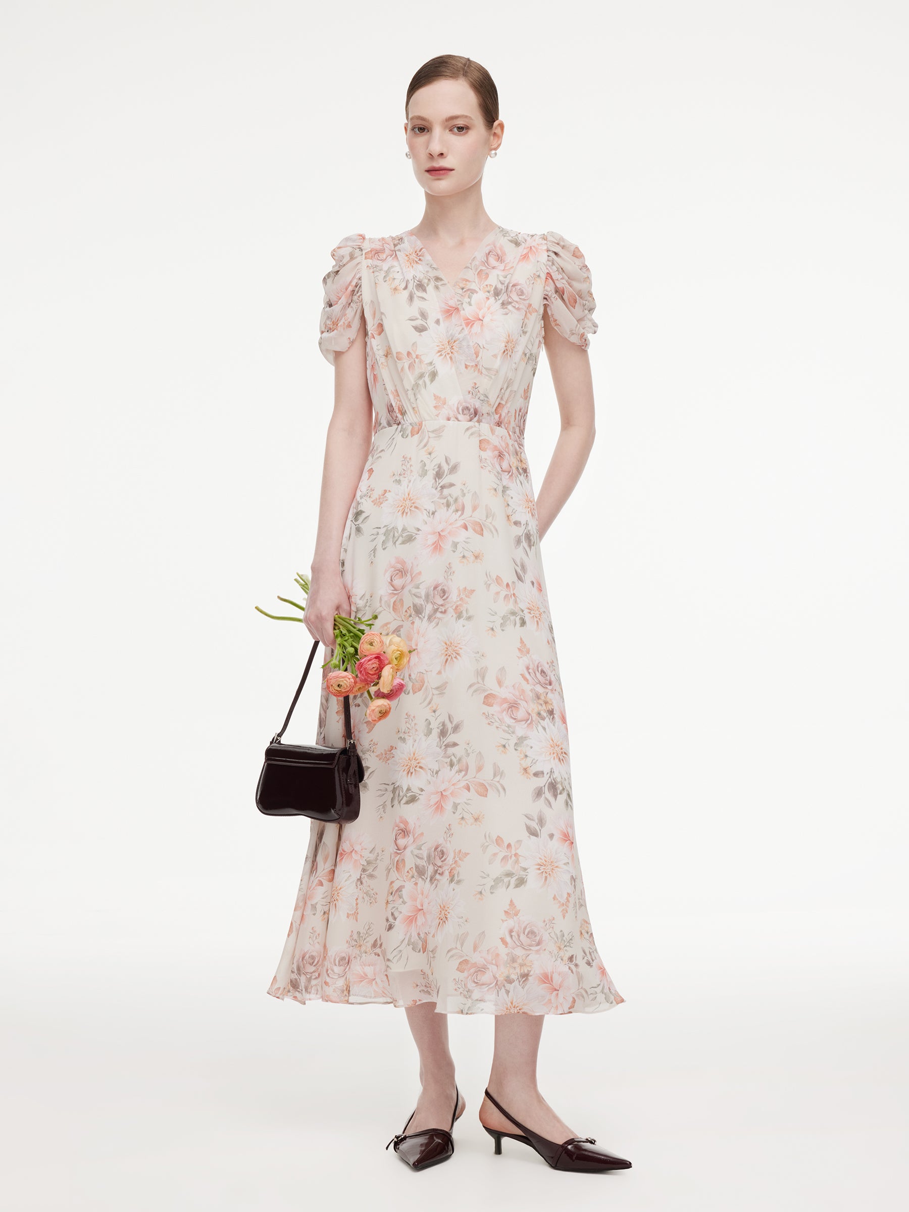 10MM Mulberry Silk Floral Print Women V-Neck Maxi Dress GOELIA