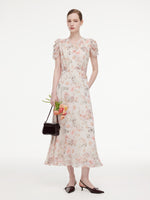 10MM Mulberry Silk Floral Print Women V-Neck Maxi Dress GOELIA