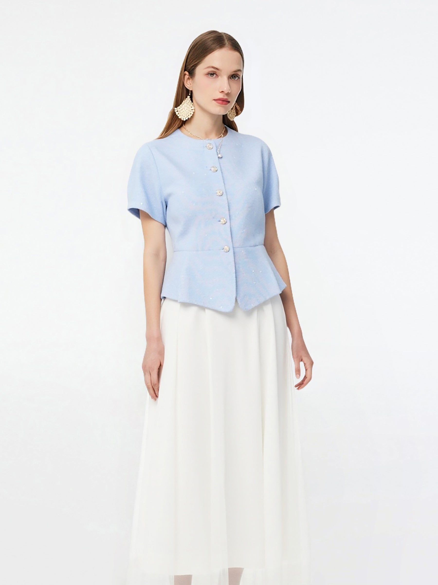 Acetate Blend Tweed Sequins Crop Jacket And Mesh Skirt Two-Piece Set GOELIA