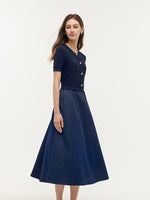 Denim Patchwork Sequins Gathered Waist Women Midi Dress GOELIA