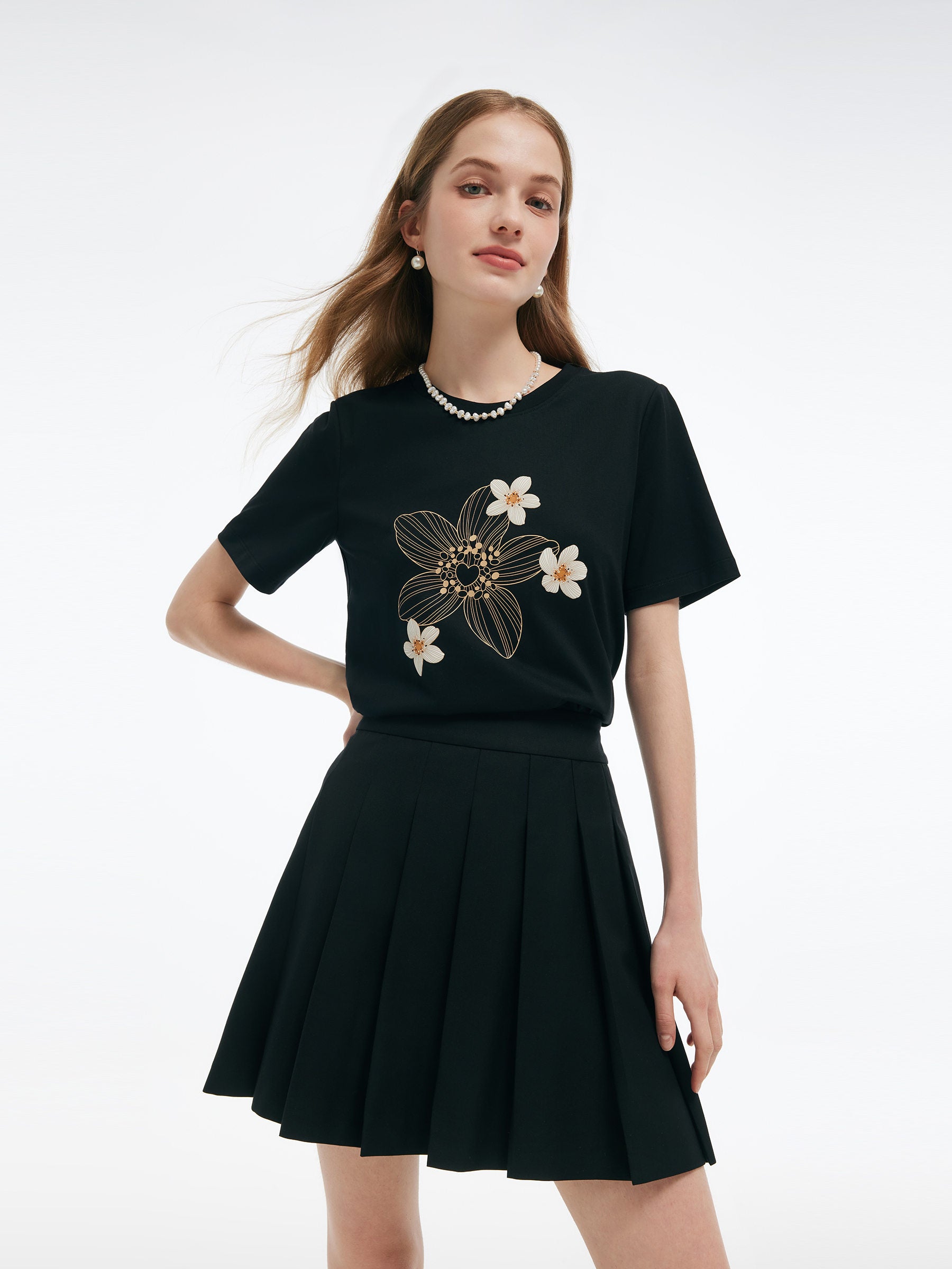 Flower Print Women Knit T-Shirt GOELIA