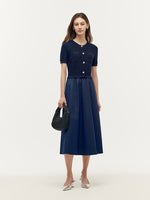 Denim Patchwork Sequins Gathered Waist Women Midi Dress GOELIA