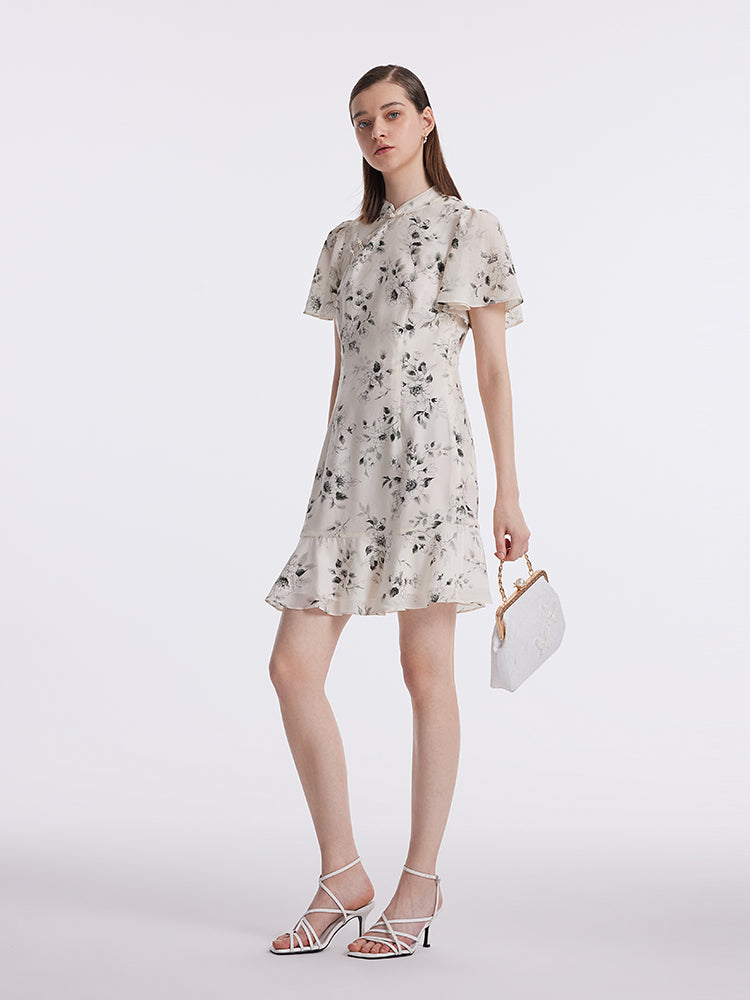 Ink Floral Ruffle Sleeve Cheongsam Qipao Mini Dress GOELIA