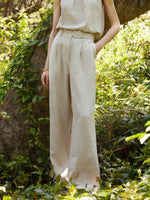 100% Linen Women Straight Leg Pants With Belt GOELIA