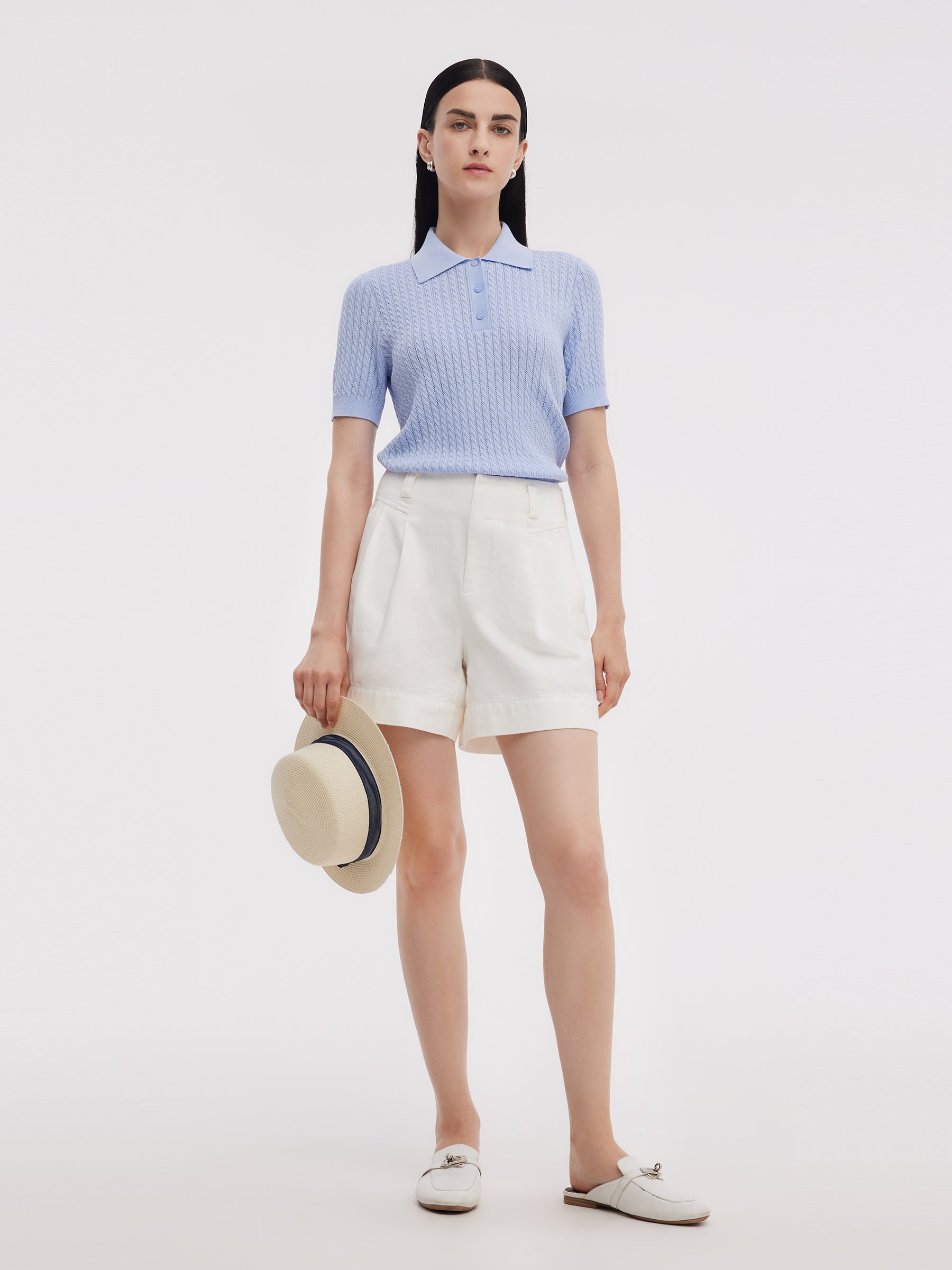 Tencel Blend Openwork Women Knit Polo Top GOELIA