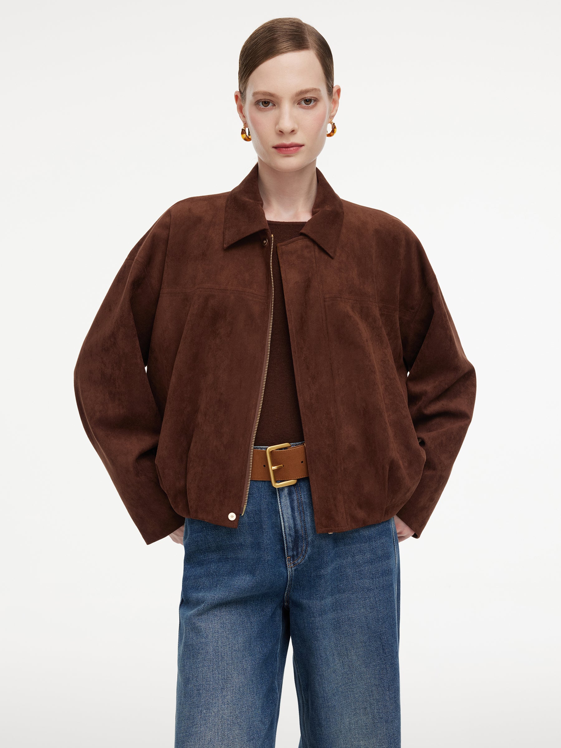 Faux Suede Bubble Hem Women Zip-Up Cropped Jacket GOELIA