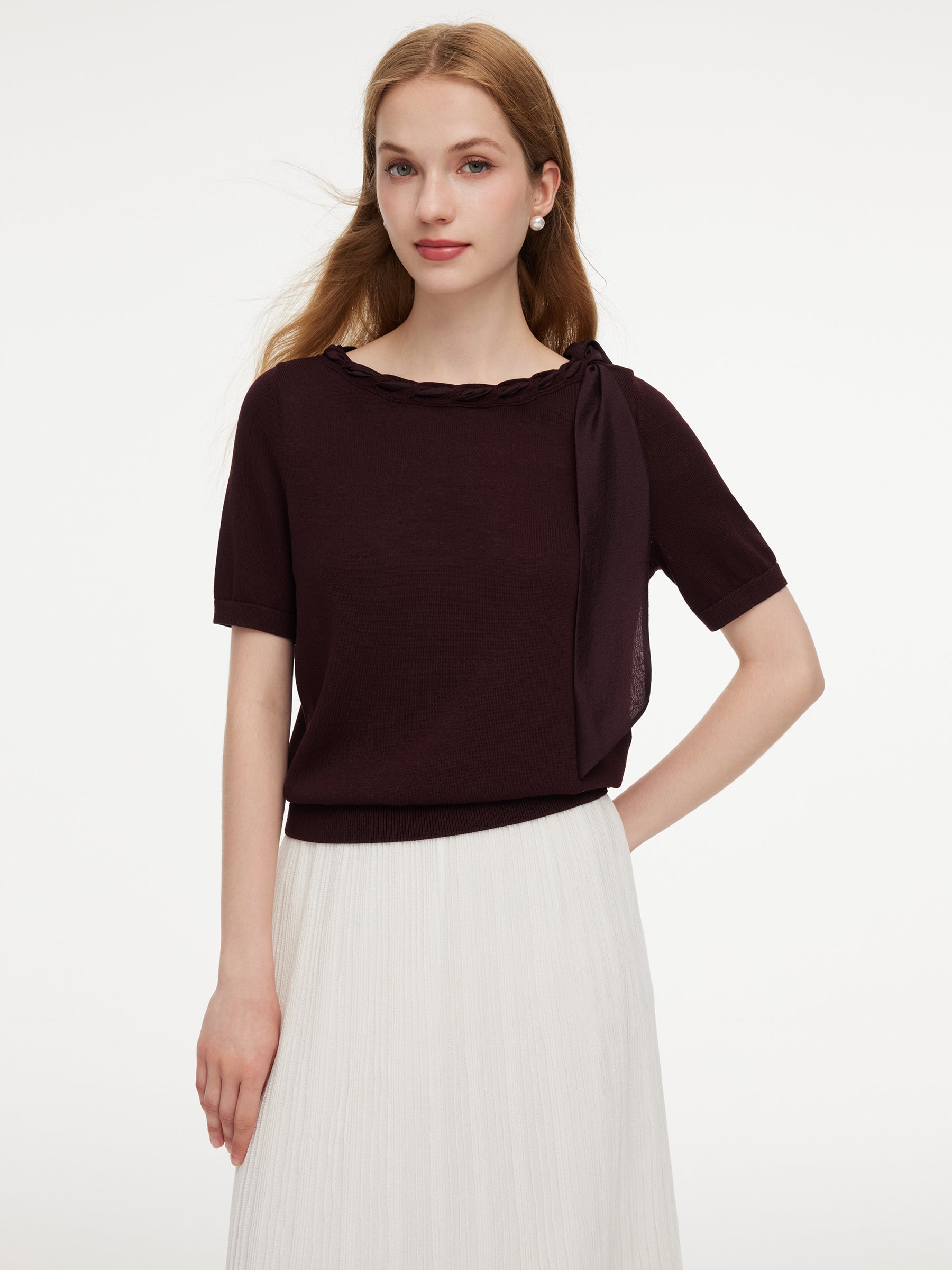 Lyocell Blend Ribbon Boat Neck Women Knit Top GOELIA