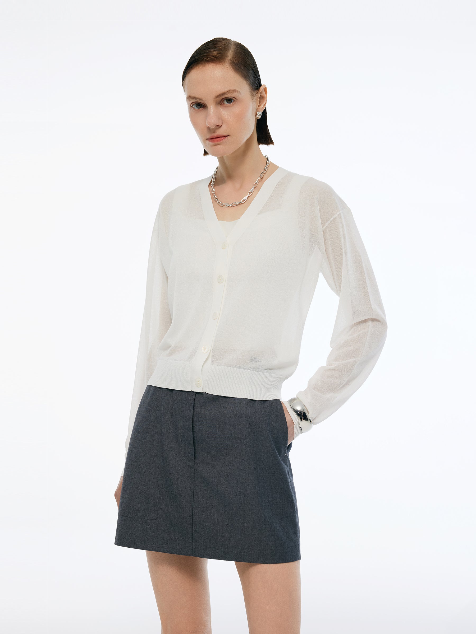 V-Neck Single-Breasted Women Sheer Cardigan GOELIA