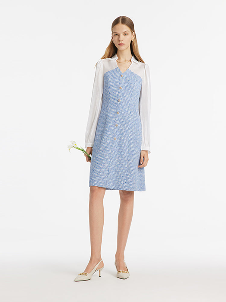 V-Neck Patchwork Single-Breasted Women Mini Dress GOELIA