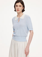 Tencel Blend Color Block Tie Front Women Openwork Knit Top GOELIA
