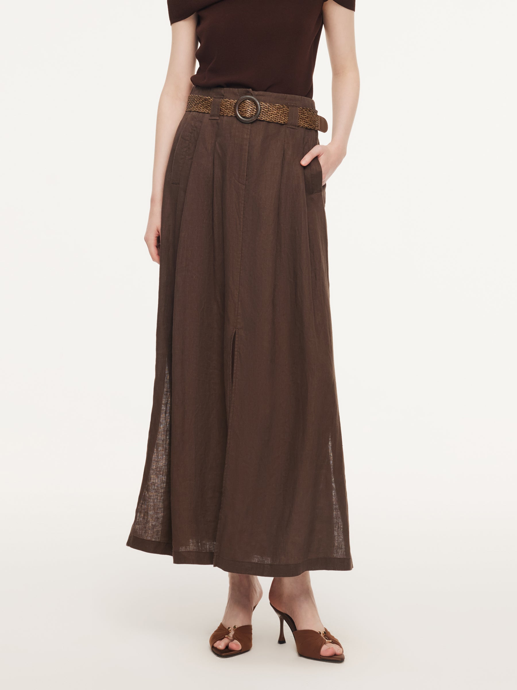 100% Linen A-Line Women Skirt With Braided Belt GOELIA