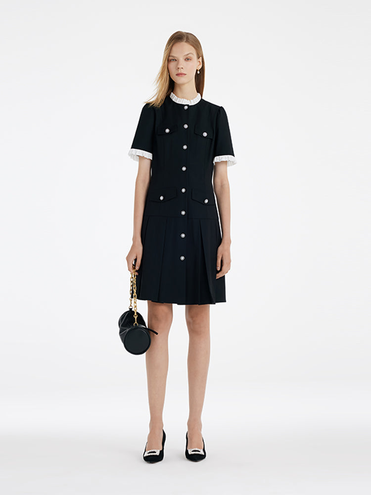 Ruffle Trim Pearl Buttons Women Mini Dress GOELIA