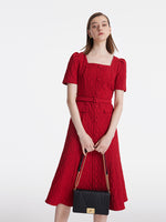 Jacquard Square Neck Single-Breasted Women Midi Dress With Belt GOELIA