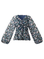 10MM Mulberry Silk Floral Print Women Ruffle V-Neck Blouse GOELIA