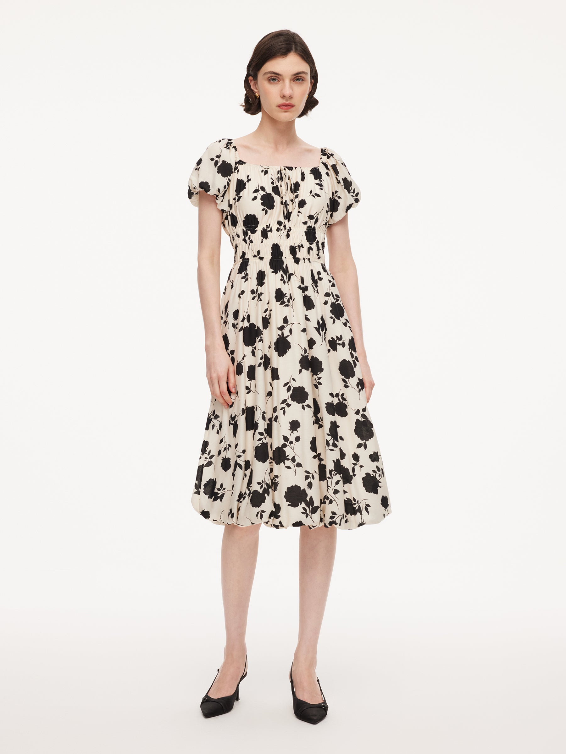 Acetate Blend Floral Print Bubble Hem Women Midi Dress With Scrunchie GOELIA