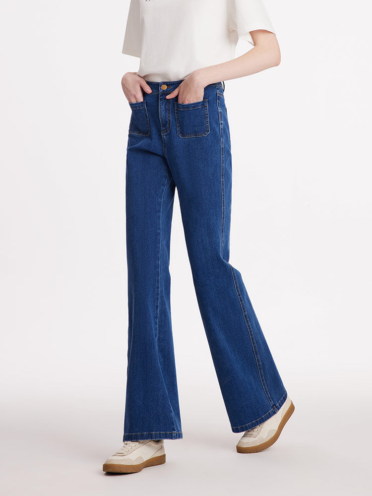 Denim Flared Women Jeans With Patch Pockets GOELIA