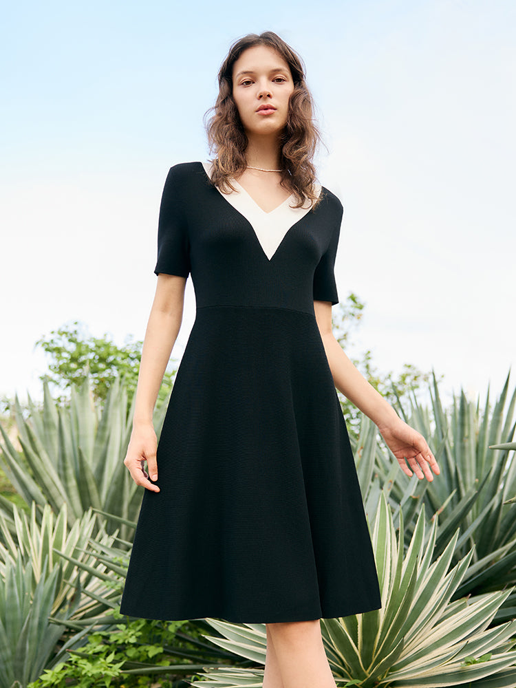 Contrast V-Neck Slim Knitted Women Midi Dress GOELIA