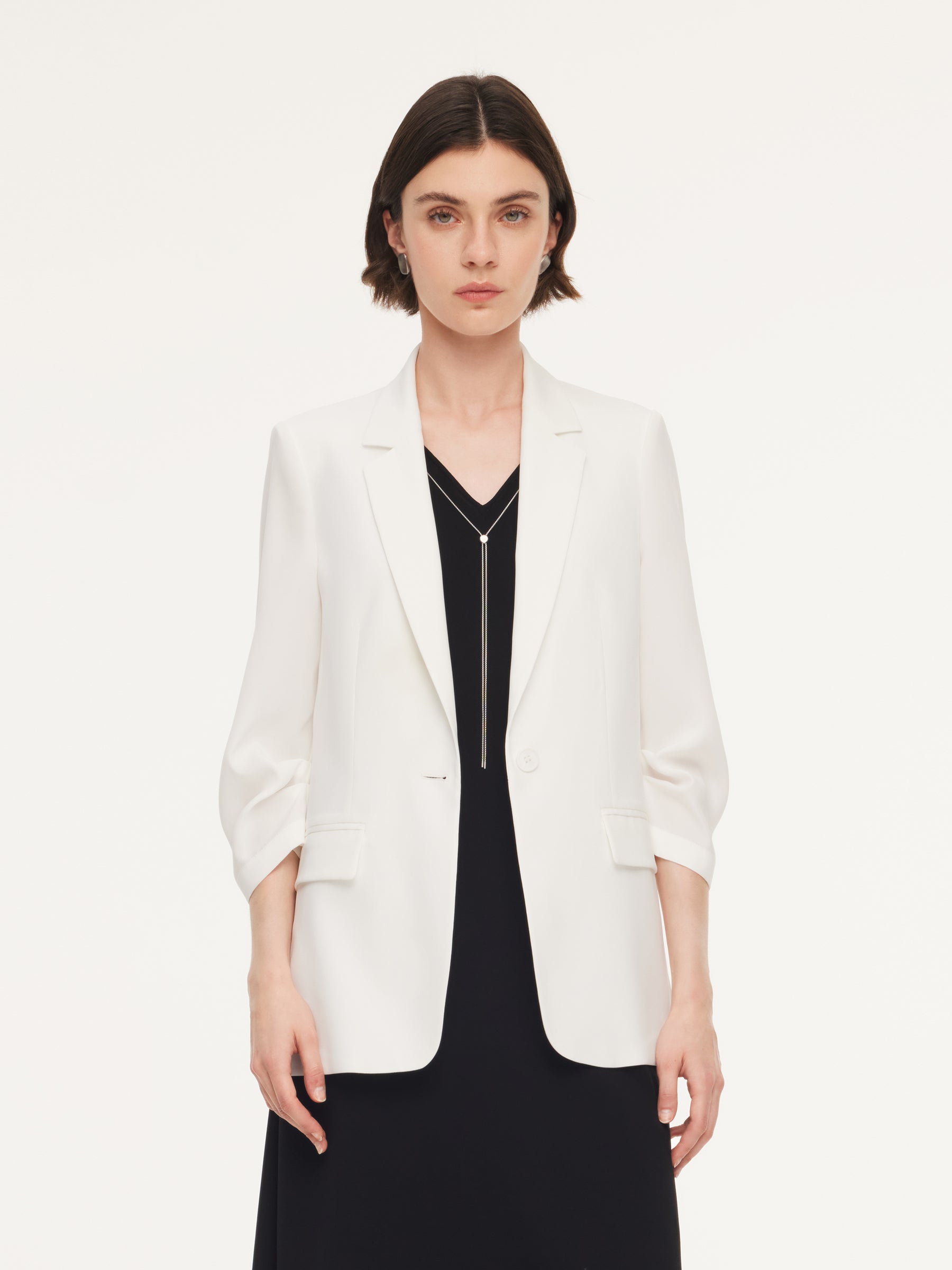 Triacetate Blend One Button Women Ruched Sleeve Blazer GOELIA